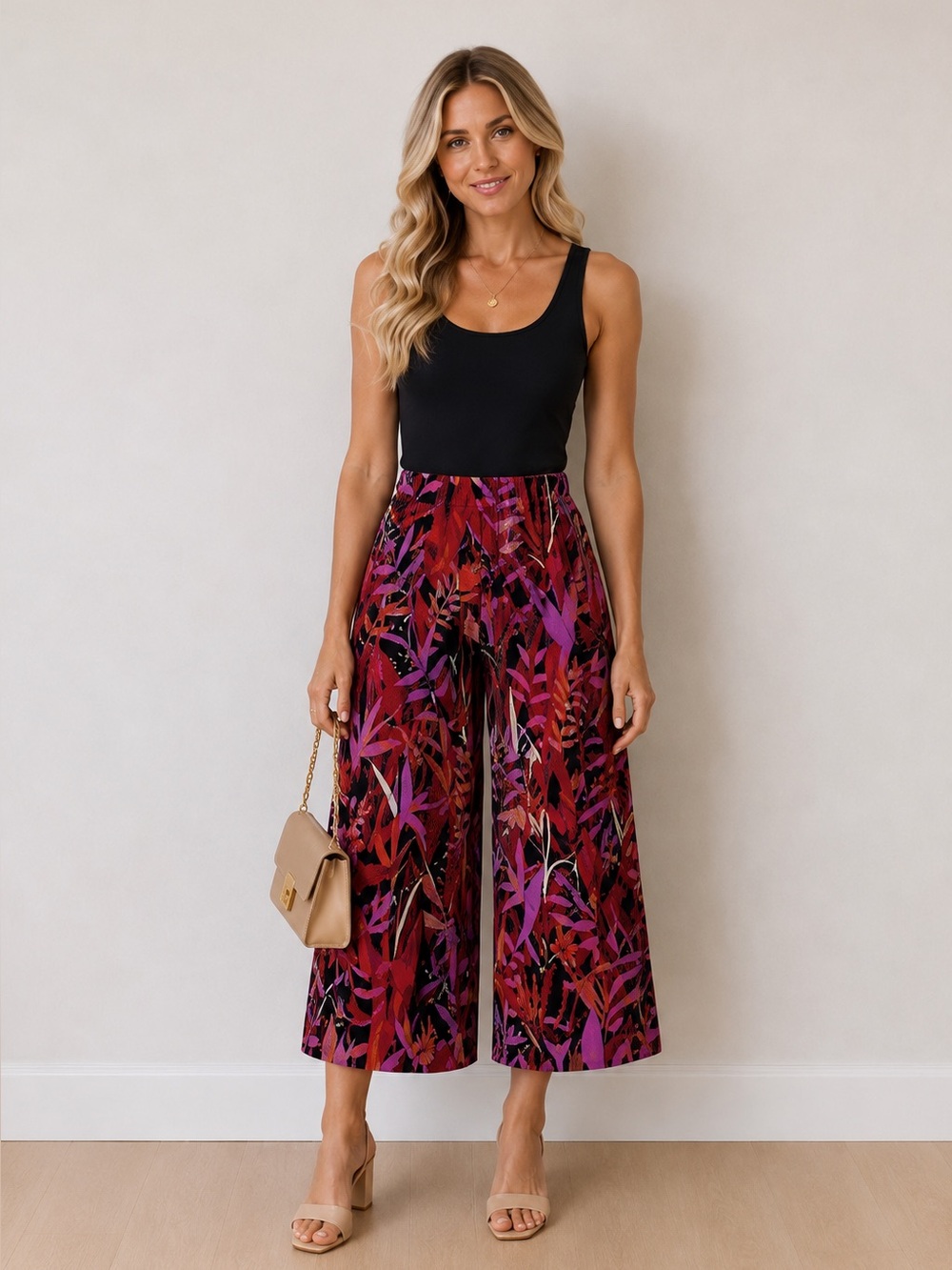 NEW Bob Mackie Wide Leg Crop Pants Tropical Paradise Print Size X-Small